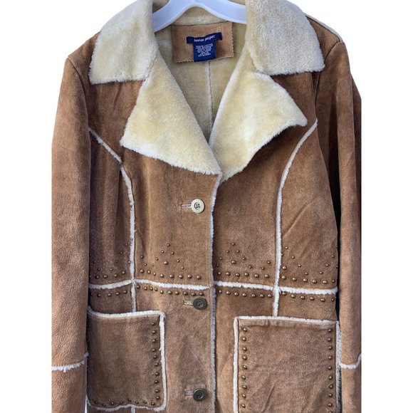 Boston Proper Patchwork Leather Midi Coat Size 12 Studs GUC 6635 Western - Picture 2 of 13